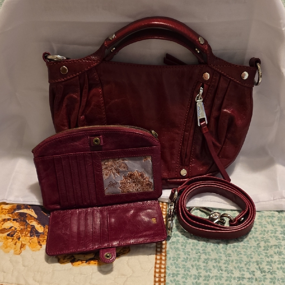 HOBO Red Leather Handbag and Wallet Set